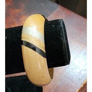 Vintage Teak Wood Painted Domed Extra Wide Thick Bangle Bracelet Bohemian Tiki